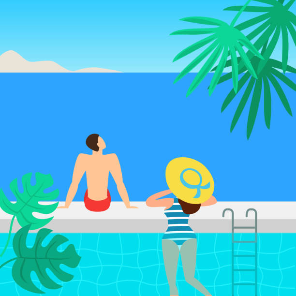 ilustrações de stock, clip art, desenhos animados e ícones de summer pool with people. - infinity pool getting away from it all relaxation happiness