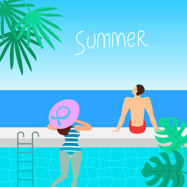 ilustrações de stock, clip art, desenhos animados e ícones de summer pool with people. - infinity pool getting away from it all relaxation happiness