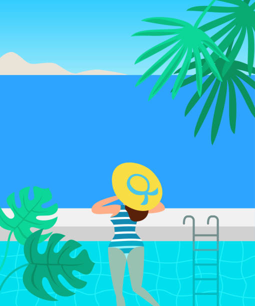 ilustraciones, imágenes clip art, dibujos animados e iconos de stock de piscina de verano con mujer. - infinity pool getting away from it all relaxation happiness