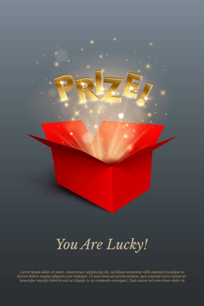 istock Red gift box with golden lights and confetti and Prize word isolated on gray background. Vector design element. Leaflet template. 1161012333
