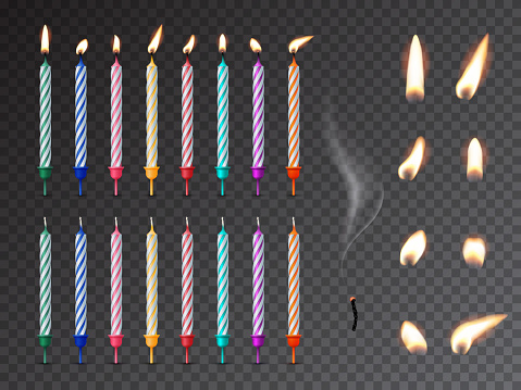 Decorative birthday candles realistic mockup set. 3D dessert decorations, fire and burnout wick isolated on transparent background. Various holiday lights vector illustration. Festive candlelights