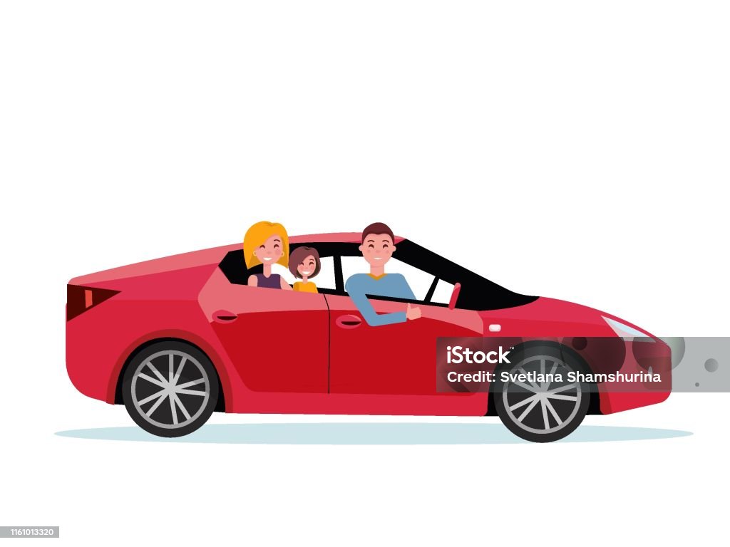 Smiling family inside their new red car. driver at the wheel of car. Mom and daughter are sitting in back seat. Side view of sports car. Man showing thumb up gesture. Vector flat cartoon illustration - Royalty-free Felicidade arte vetorial