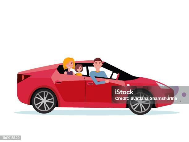 Smiling Family Inside Their New Red Car Driver At The Wheel Of Car Mom And Daughter Are Sitting In Back Seat Side View Of Sports Car Man Showing Thumb Up Gesture Vector Flat Cartoon Illustration - Arte vetorial de stock e mais imagens de Felicidade