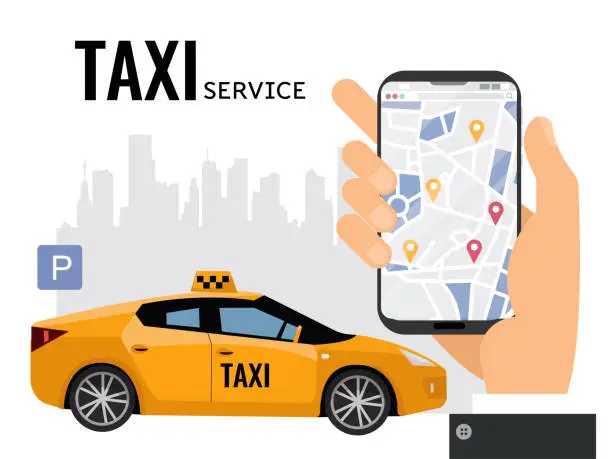 Vector illustration of Mobile city transportation vector illustration concept. Online calling taxi with big man's hand with smartphone with map.Yellow car in foreground of city silhouette with parking sign.taxi service text