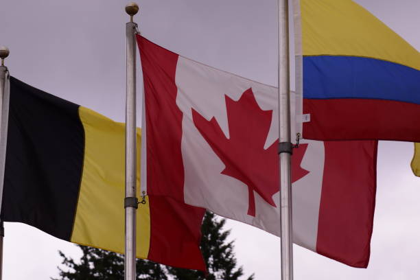 istock Belgian And Canadian Flag Against Cloudy Sky 1161013784