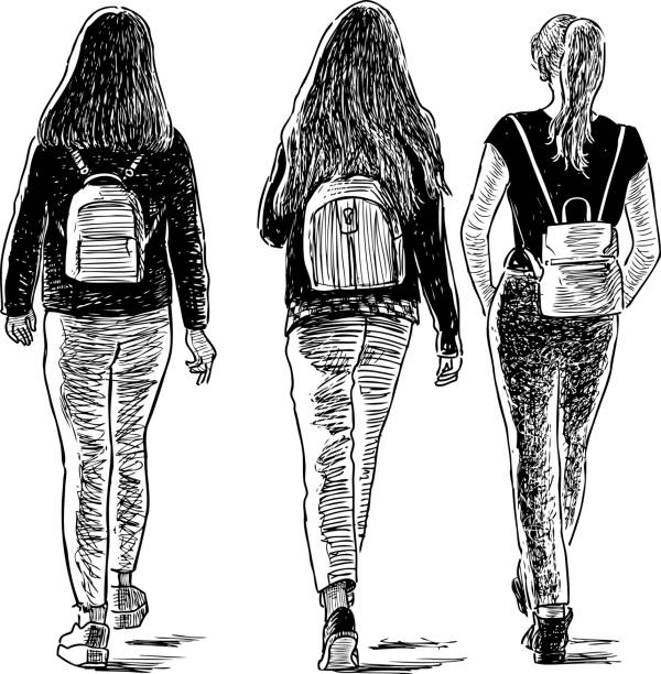 거리를 걷는 십대 소녀의 스케치 - three people women teenage girls friendship stock illustrations