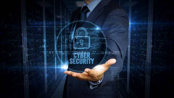 istock Businessman touch screen with cyber security hologram 1161020916