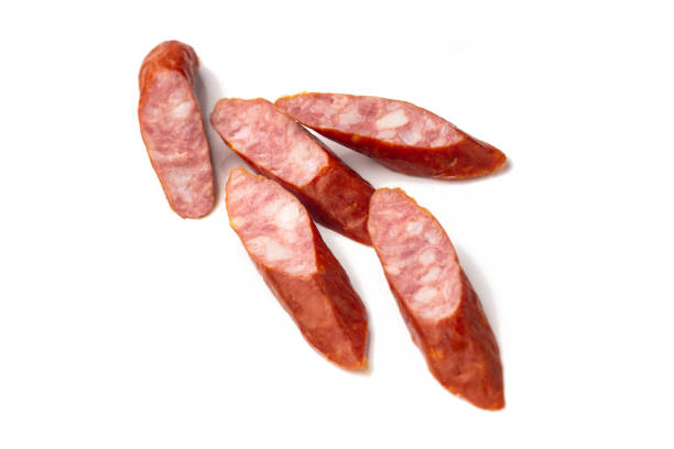 istock Smoked bratwurst Pork Sausages, close-up, isolated on white background. 1161023675