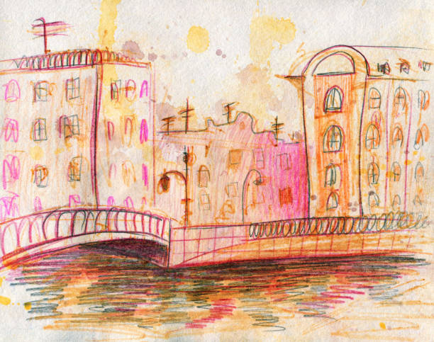 istock Watercolor cityscape. Line Art. Colour pencils. 1161025533