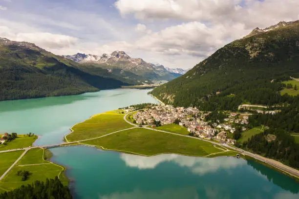 Sils and Silvaplana Lakes seen from above, Graubünden, Switzerland