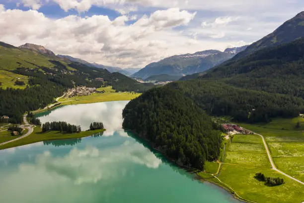 Sils and Silvaplana Lakes seen from above, Graubünden, Switzerland