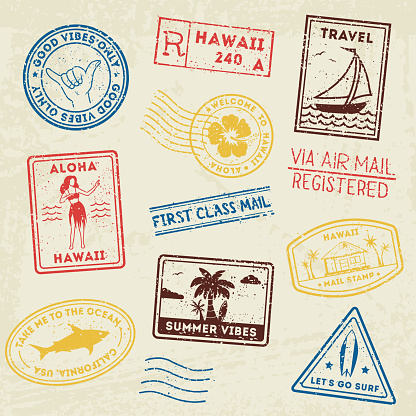Summer beach post stamps. Hand drawn vector palm trees and beach elements in retro style. Summer grunge labels, badges and icons