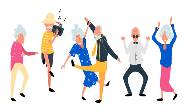 Dancing old people. Happy Aged women and men on the party. Laughing grandfather with recorder player  and music. Funky flat cartoon style. Vector illustration. Dancing old people. Happy Aged women and men on the party. Laughing grandfather with recorder player  and music. Funky flat cartoon style. Vector illustration. old people dancing stock illustrations