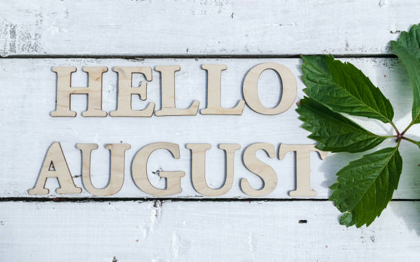 istock Summer pattern: Word August and green leaves on a white wooden rustic background. Horizontal flat lay 1161033644