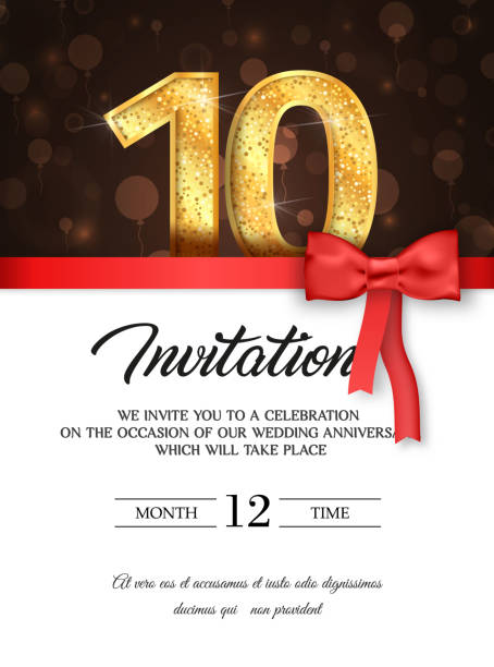 Template of invitation card to the day of the tenth anniversary with abstract text vector illustration To 10th years eve card invite Template of invitation card to the day of the tenth anniversary with abstract text vector illustration To 10 th years eve card invite bow hair bow ribbon gold stock illustrations