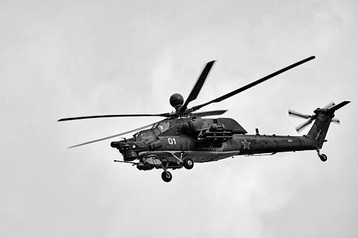 Attack helicopter Mi-28 UB performing demonstration flight. NATO reporting name \