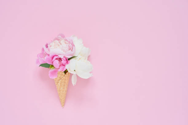 istock Waffle ice cream cone with peony flowers on pink background. Summer concept. Copy space, top view 1161037974