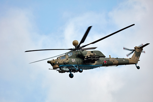 Attack helicopter Mi-28 UB performing demonstration flight. NATO reporting name \