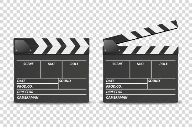 illustrations, cliparts, dessins animés et icônes de vector 3d realistic blank closed and opened movie clap board icon set closeup isolated on transparent background. modèle de conception de clapperboard, slapstick, dispositif de réalisation de films. vue avant - on board camera