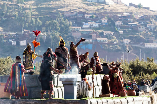 Inti Raymi Ceremony Peru South America Inca Costumes Cusco, Peru - June 24, 2015: Men Dressed In Traditional Inca Costumes For Inti Raymi Ceremony Sacrifice inti raymi stock pictures, royalty-free photos & images