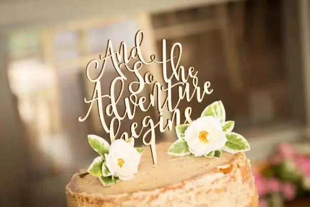 Wood cut wedding cake topper slogan