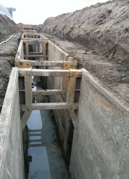 Trench Bracing (Shoring) Supports for Utility Line Installation in the City of Tustin California Trench Bracing Supports (Shoring) for Utility Line Installation in the City of Tustin California slopestyle stock pictures, royalty-free photos & images