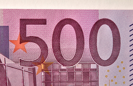 Five hundreds euro banknotes. 500 Euro paper cash. European Union Currency.  macro fragment banknote. High resolution photo