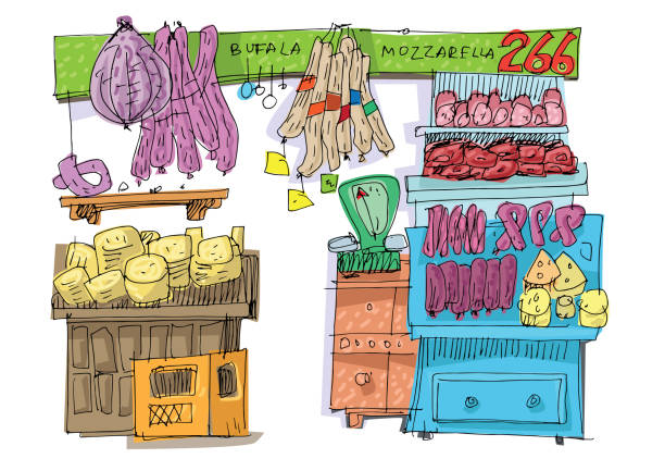 традиционный итальянский продовольственный рынок. - market market stall shopping people stock illustrations
