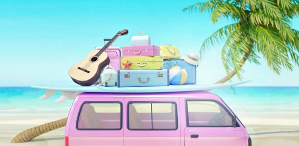istock Pink Van with luggage ready for summer vacation 3D Render 1161045575