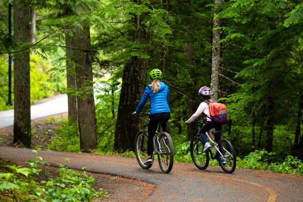 istock Mother and daughter cycling in forest 1161050639