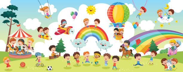 bildbanksillustrationer, clip art samt tecknat material och ikoner med vektor illustration av barn landskap - glada barn