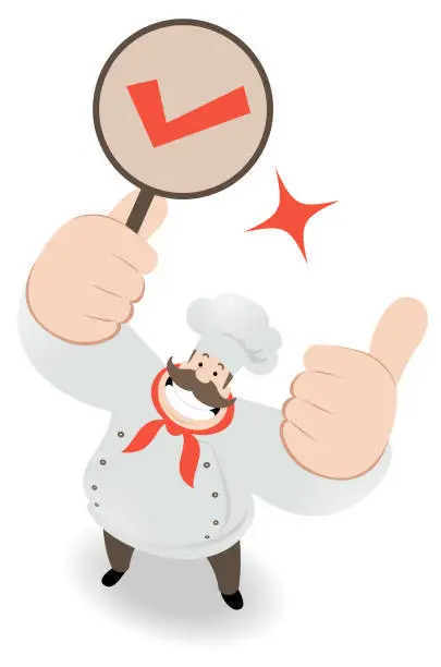 Vector illustration of Smiling chef looking upward and gesturing thumbs up and holding OK sign (check mark, letter V)