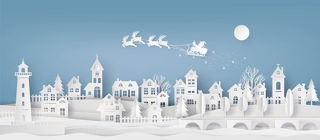 Merry Christmas and Happy New Year. Illustration of Santa Claus on the sky coming to City ,paper art and cut  style