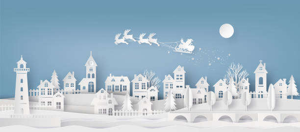 Merry Christmas and Happy New Year. Illustration of Santa Claus on the sky coming to City ,paper art and craft style Merry Christmas and Happy New Year. Illustration of Santa Claus on the sky coming to City ,paper art and cut  style village stock illustrations