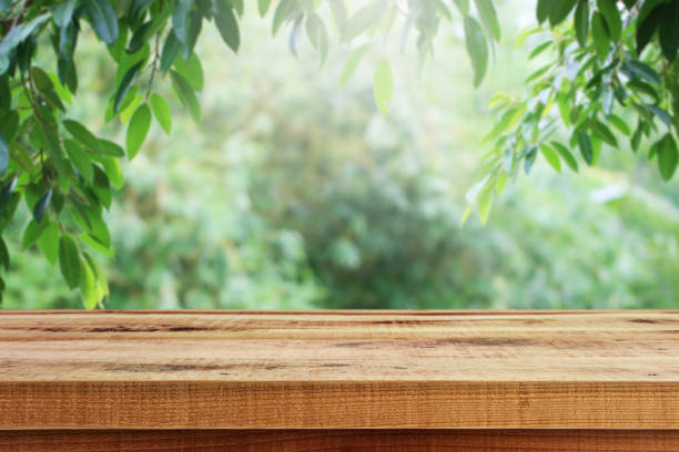 istock Wooden table and blurred green leaf nature in garden background. 1161071842