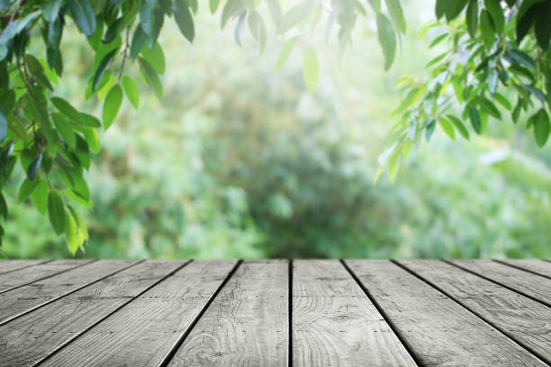 деревянный стол и размытые зеленые листья природы в саду фона. - показ сад стоковые фото и изображения