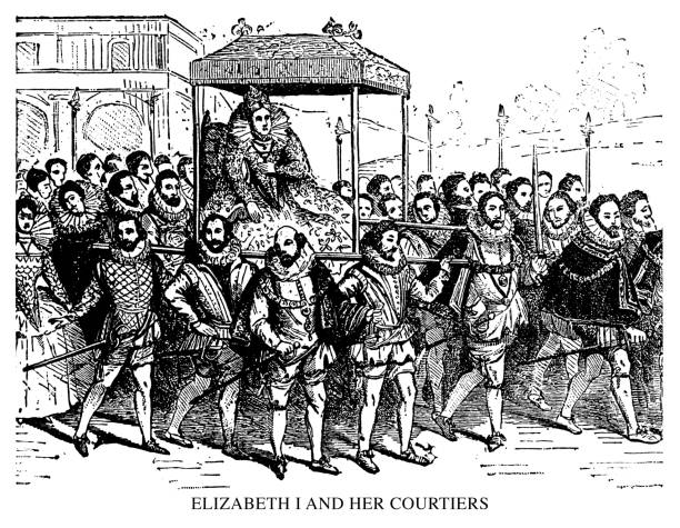 Elizabeth I and her courtiers - Scanned 1897 Engraving