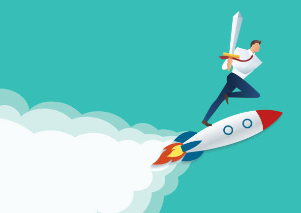istock businessman holding sword on the jet rocket, business concept to successful vector illustration 1161082250