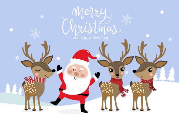Santa Clause and cute deer in winter costume. Merry Christmas and Happy new year greeting card. Holidays cartoon character. Santa Clause and cute deer in winter costume. Merry Christmas and Happy new year greeting card. Holidays cartoon character. reindeer stock illustrations