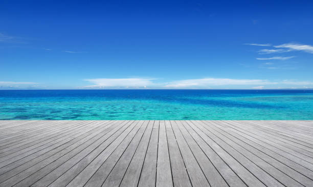 istock Empty wooden terrace and tropical ocean with clear sky background 1161086254