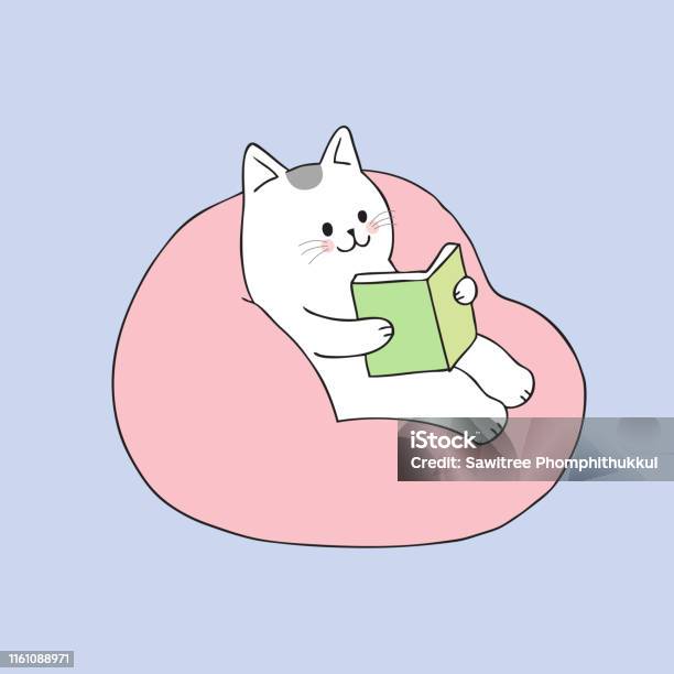 Kartun Kucing Lucu Membaca Di Vektor Sofa Ilustrasi Stok - Unduh Gambar