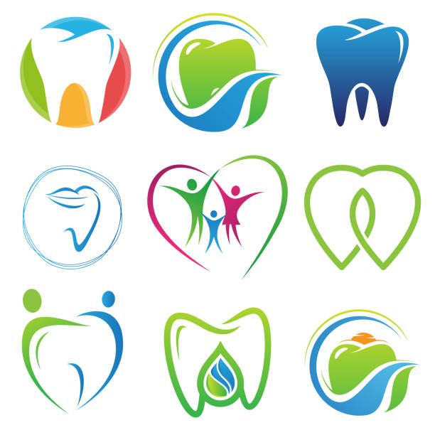 Set of colorful dental vector icon symbol for element design on the white background Set of colorful dental vector icon symbol for element design on the white background. Collection of dental symbol design template in flat style. Vector illustration EPS.8 EPS.10 dentist logos stock illustrations