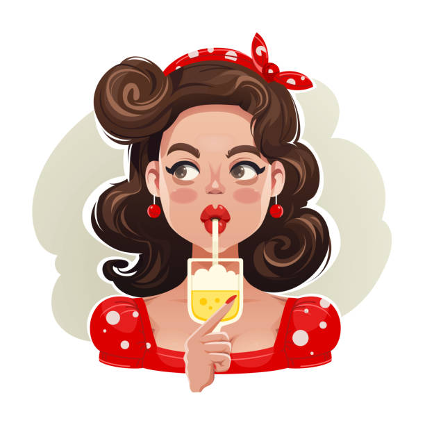 Pretty Pin Up Girl Drinking a Cocktail vector art illustration