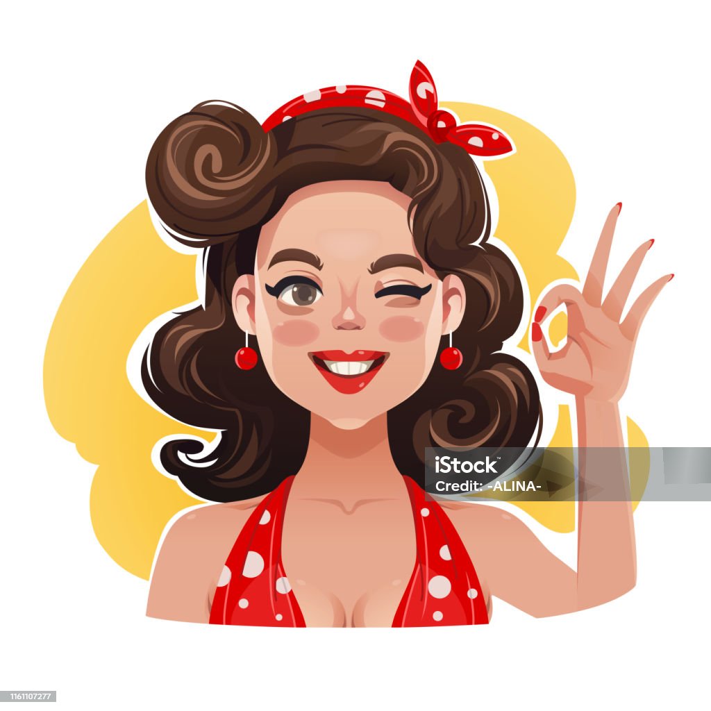 Happy Smiling Retro Pin Up Woman Showing Okay Gesture Funny Vector Portrait of a Cheerful Girl Winking and Making an Ok Sign with Her Fingers. Pin-Up Girl stock vector