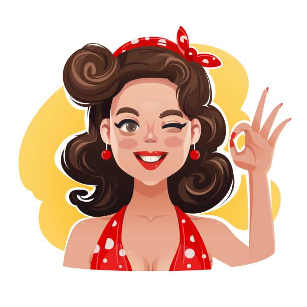 Happy Smiling Retro Pin Up Woman Showing Okay Gesture Funny Vector Portrait of a Cheerful Girl Winking and Making an Ok Sign with Her Fingers. pics for classic pin up poses stock illustrations