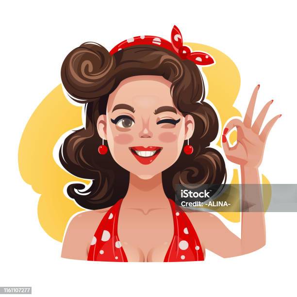 Happy Smiling Retro Pin Up Woman Showing Okay Gesture Stock Illustration - Download Image Now
