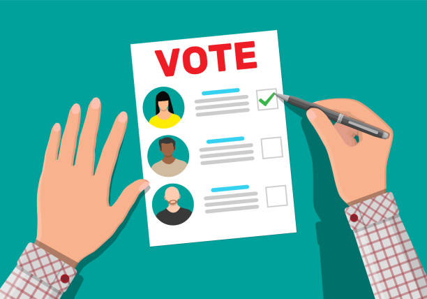 Ballot paper with candidates. Ballot paper with candidates. Hand with pen and election bill. Vote document with faces. Vector illustration in flat style election candidate stock illustrations