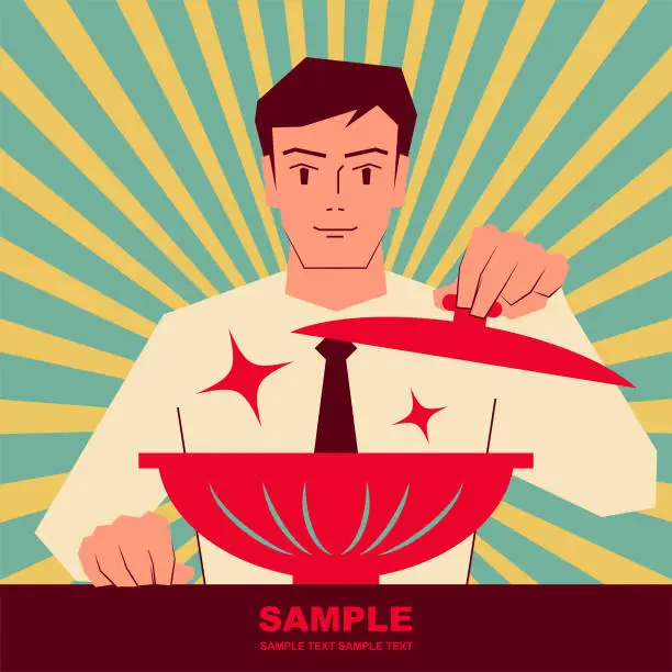 Vector illustration of Smiling handsome man opening the lid of bowl, ready to eat