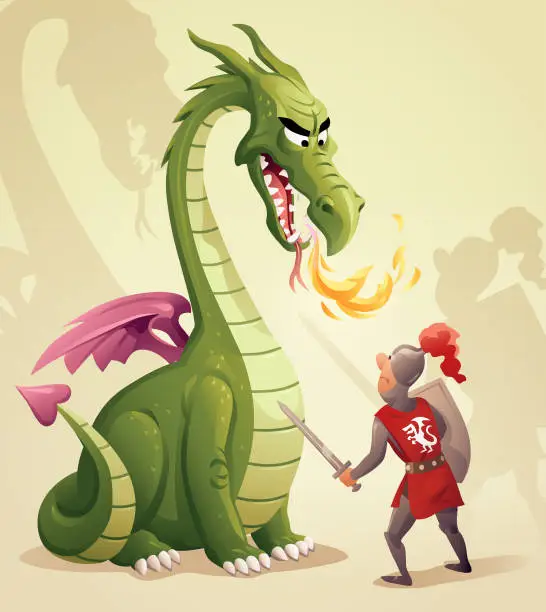 Vector illustration of Knight Fighting A Dragon
