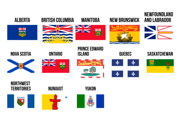 ilustrações de stock, clip art, desenhos animados e ícones de flags of canadians provinces and territories. vector - alberta map canada province